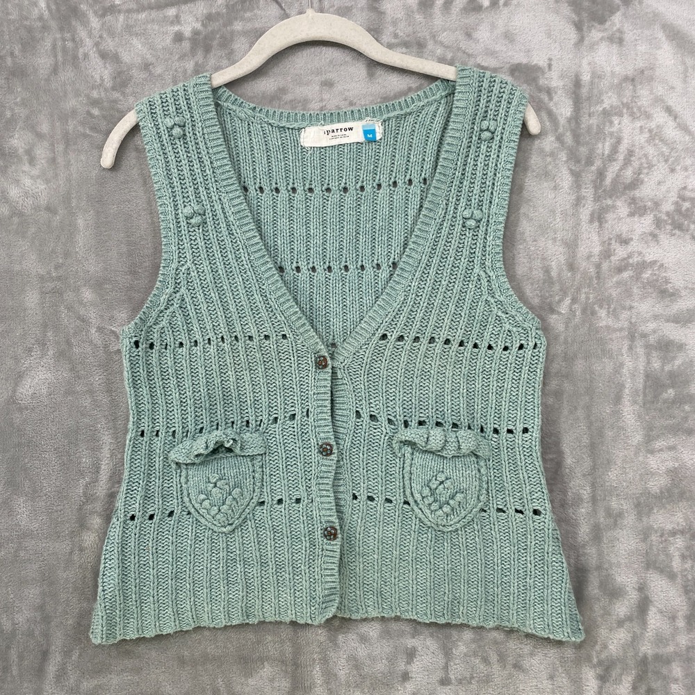 Anthropologie Sparrow  Size M  Knit Vest  Green Blue V- Neck Girly Coquette Boho
